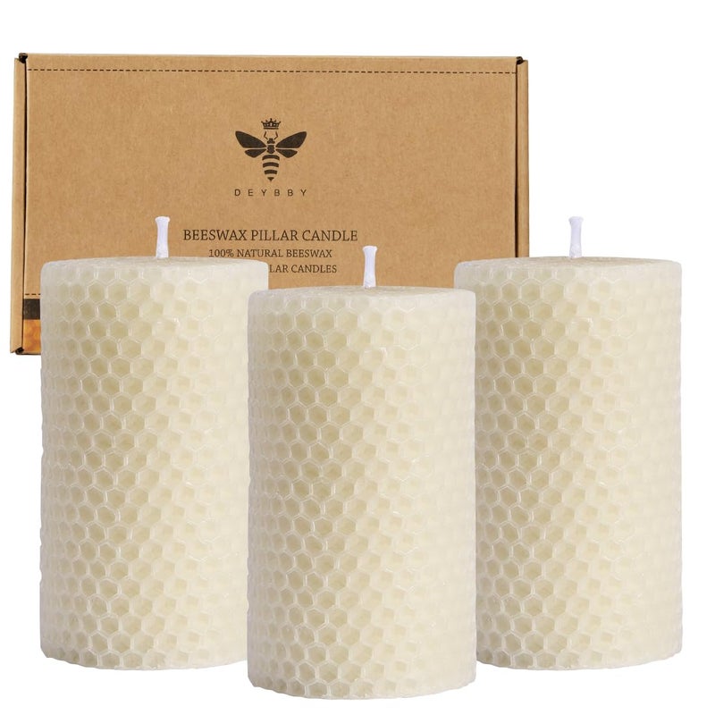 DEYBBY Beeswax Pillar Candles Set of 3 - Handmade Pure Beeswax Rolled Candles for Gift & Home Decor (2?3.4 in - Image 1